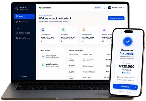 The RoyalPay dashboard shown on a laptop and phone